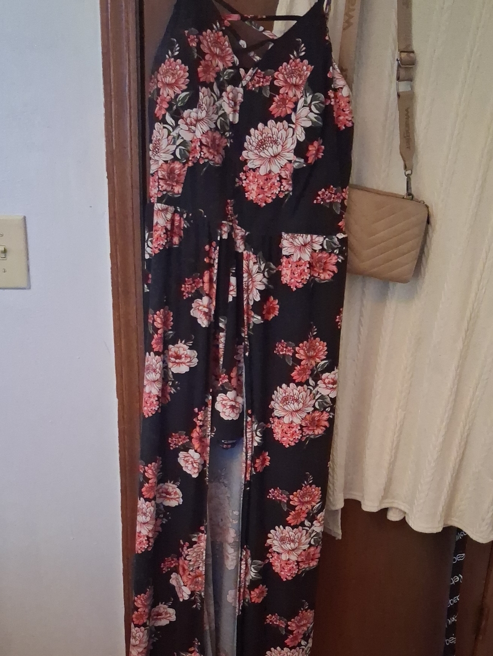 women's black and pink floral romper with attached long skirt
